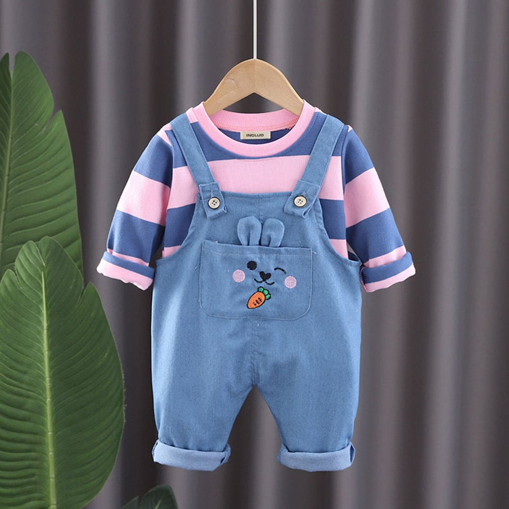 Boys Pink Striped Sweatshirt With Denim Dungaree Set Sets Pink 1-2 Y 