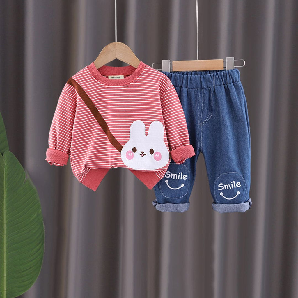 Girls Red Striped Bunny Applique Sweatshirt With Denim Pants Set Sets Red 1-2 Y 