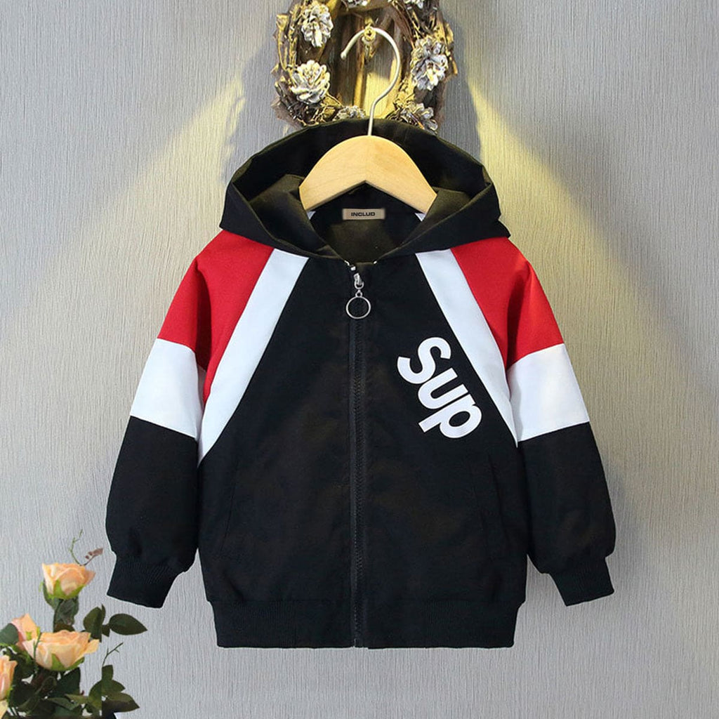 Boys Black Printed Trendy Color Blocked Hooded Jacket Sweatshirts & Hoodies Black 1-2 Y 