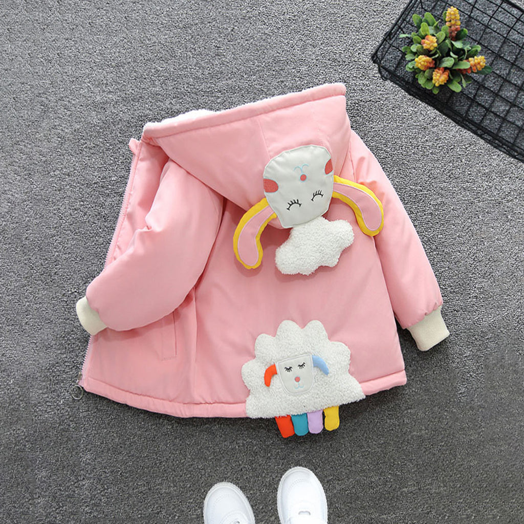 Girls Pink Cartoon Embroidered Fleece Lined Hooded Jacket Coats & Jackets   
