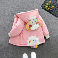 Girls Pink Cartoon Embroidered Fleece Lined Hooded Jacket Coats & Jackets   