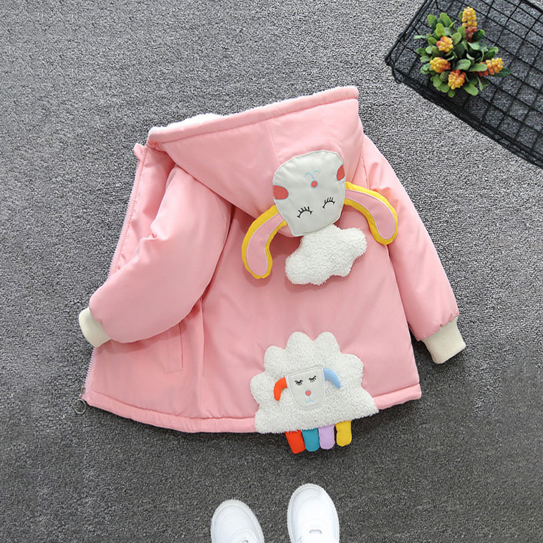 Girls Pink Cartoon Embroidered Fleece Lined Hooded Jacket Coats & Jackets   