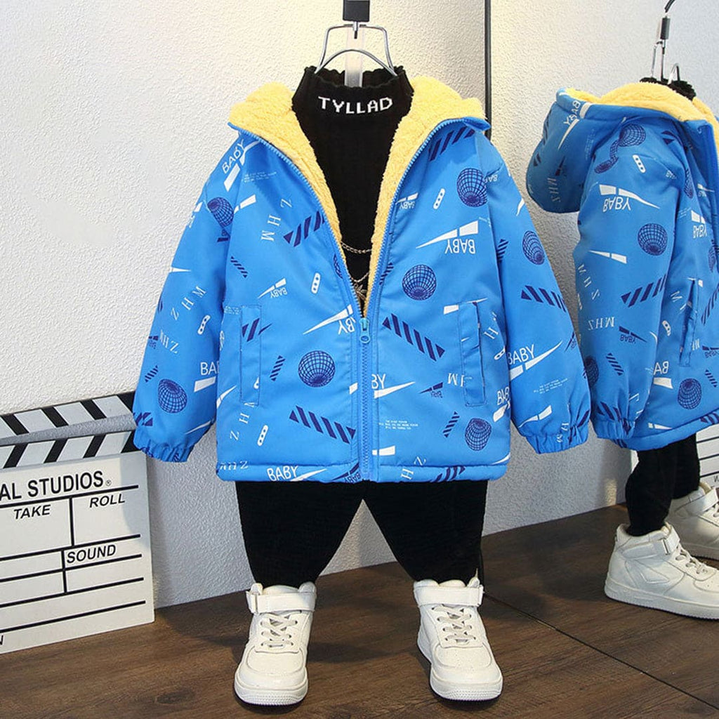 Boys Blue Printed Hooded Fleece Lined Jacket Coats & Jackets Blue 1-2 Y 