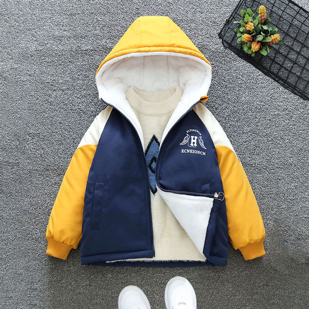 Boys Blue Printed Color-blocked Hooded Fleece Lined Jacket Coats & Jackets Blue 1-2 Y 