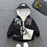 Boys Orange Printed Full Sleeves Hooded Fleece Lined Jacket