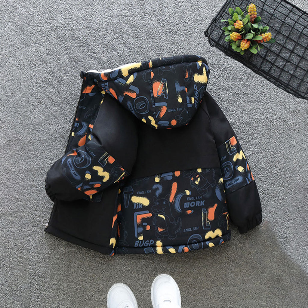Boys Orange Printed Long Sleeves Hooded Fleece Lined Jacket Coats & Jackets   