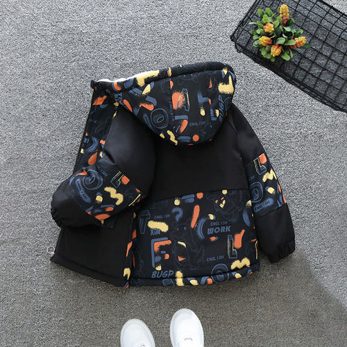 Boys Orange Printed Long Sleeves Hooded Fleece Lined Jacket Coats & Jackets   