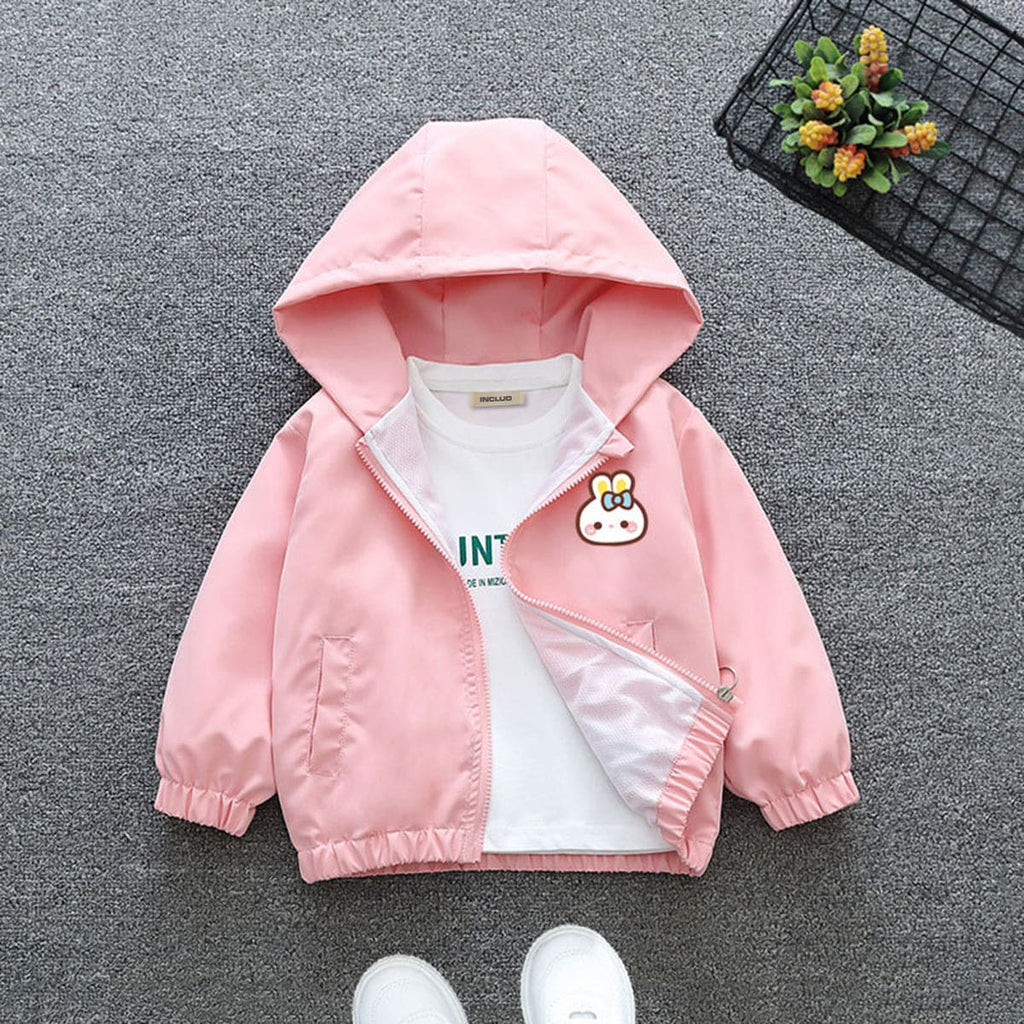 Girls Pink Cute Rabbit Printed Front Open Hooded Jacket Coats & Jackets Pink 1-2 Y 