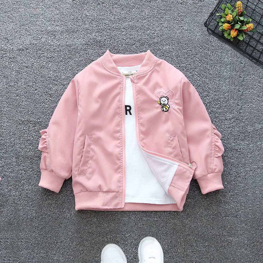 Girls Pink Cartoon Embroidered Trendy Jacket Coats & Jackets   