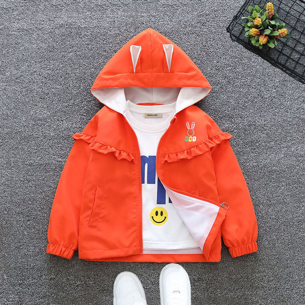 Girls Orange Printed Front Open Rabbit Ear Hooded Fashion Jacket Coats & Jackets Orange 1-2 Y 