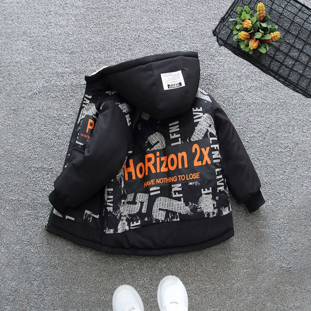 Boys Orange Printed Full Sleeves Hooded Fleece Lined Jacket Coats & Jackets   