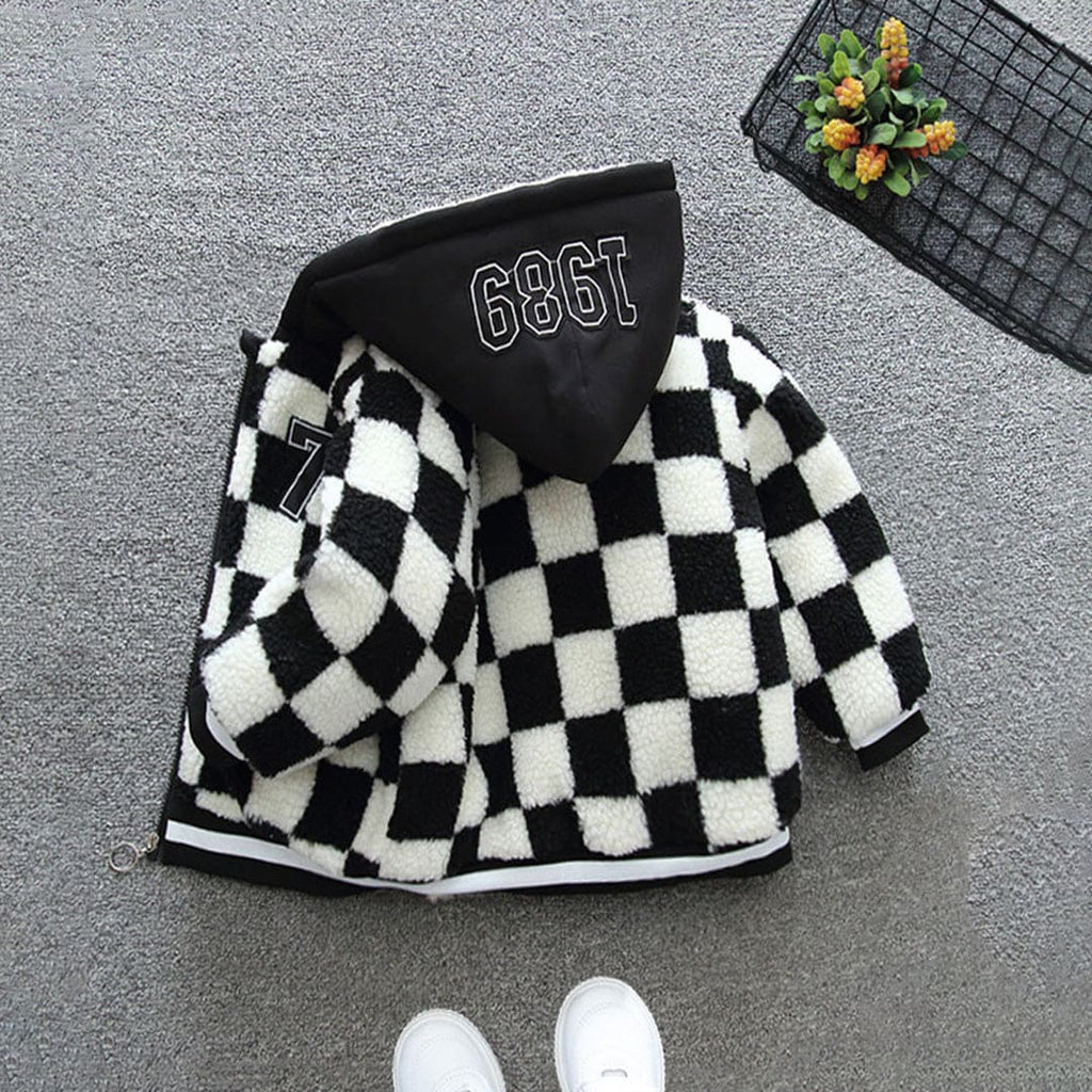 Boys Black Checkered Hooded Full Sleeves Fleece Lined Jacket Coats & Jackets Black 1-2 Y 