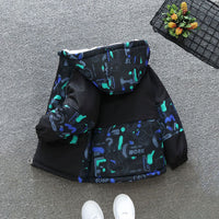 Boys Green Printed Long Sleeves Hooded Fleece Lined Jacket Coats & Jackets   