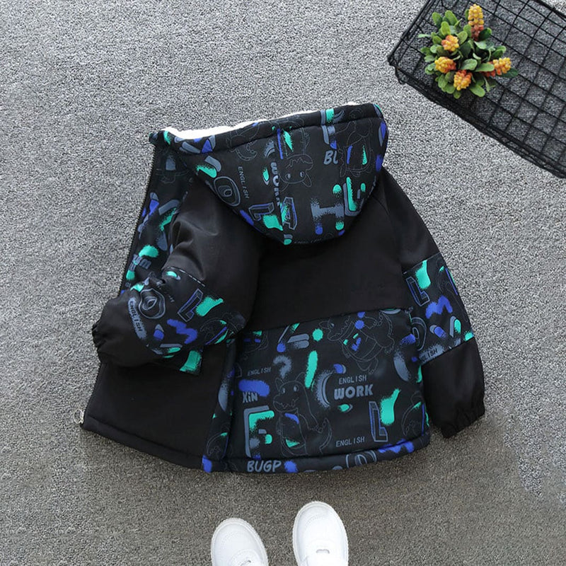 Boys Green Printed Long Sleeves Hooded Fleece Lined Jacket Coats & Jackets   