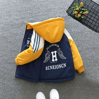 Boys Blue Printed Color-blocked Hooded Fleece Lined Jacket Coats & Jackets   