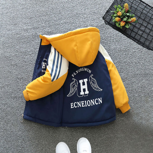 Boys Blue Printed Color-blocked Hooded Fleece Lined Jacket Coats & Jackets   