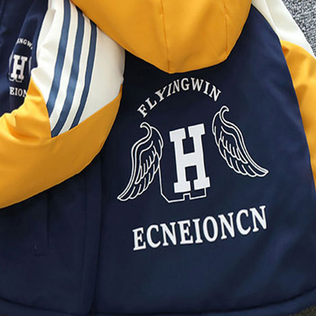Boys Blue Printed Color-blocked Hooded Fleece Lined Jacket Coats & Jackets   
