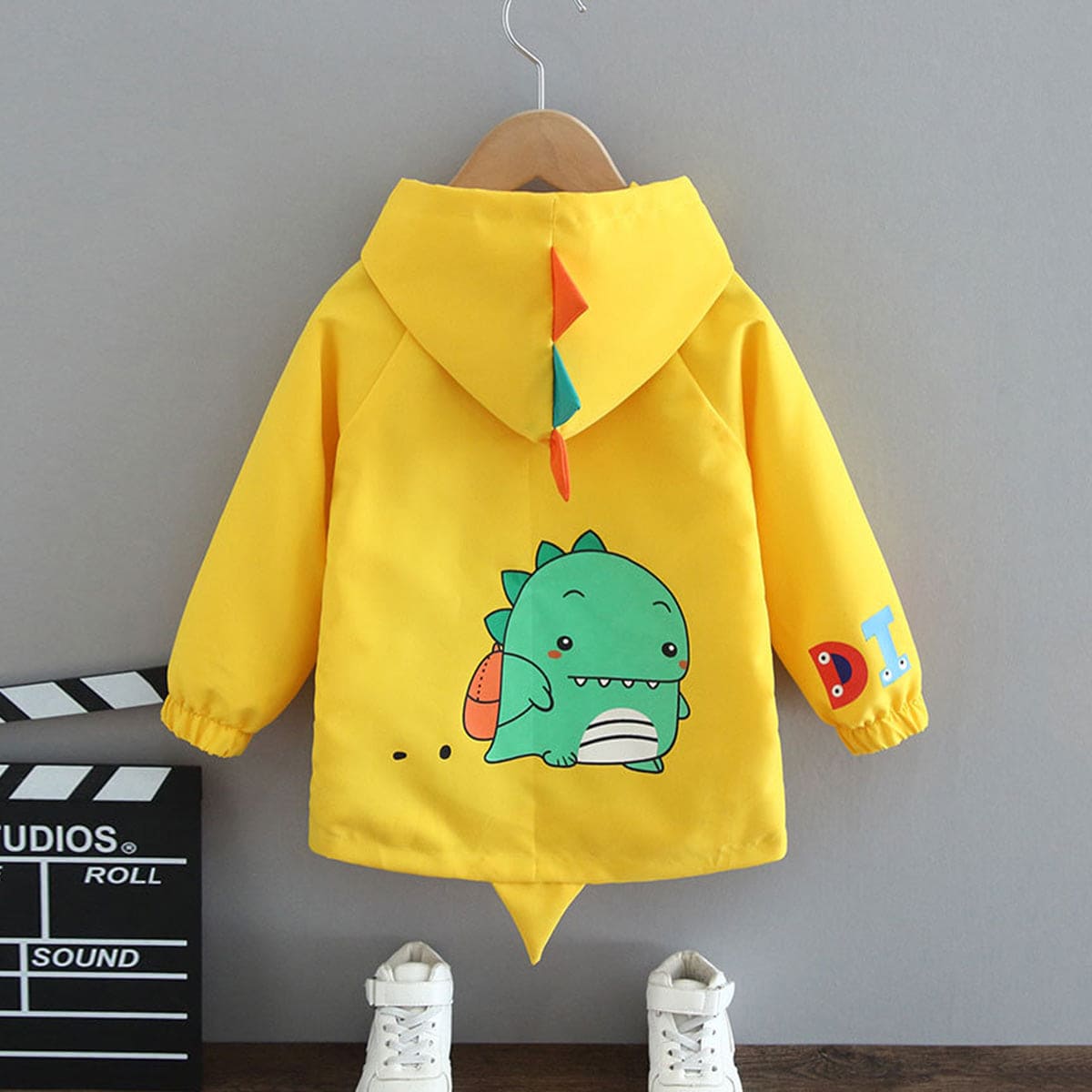 Boys Yellow Dinosaur Printed Front Open Hooded Trendy Jacket Coats & Jackets   