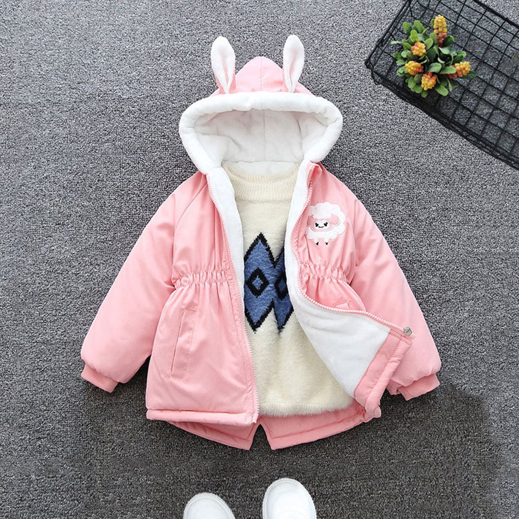 Girls Pink Little Sheep Printed Front Open Hooded Plush Jacket Coats & Jackets Pink 1-2 Y 