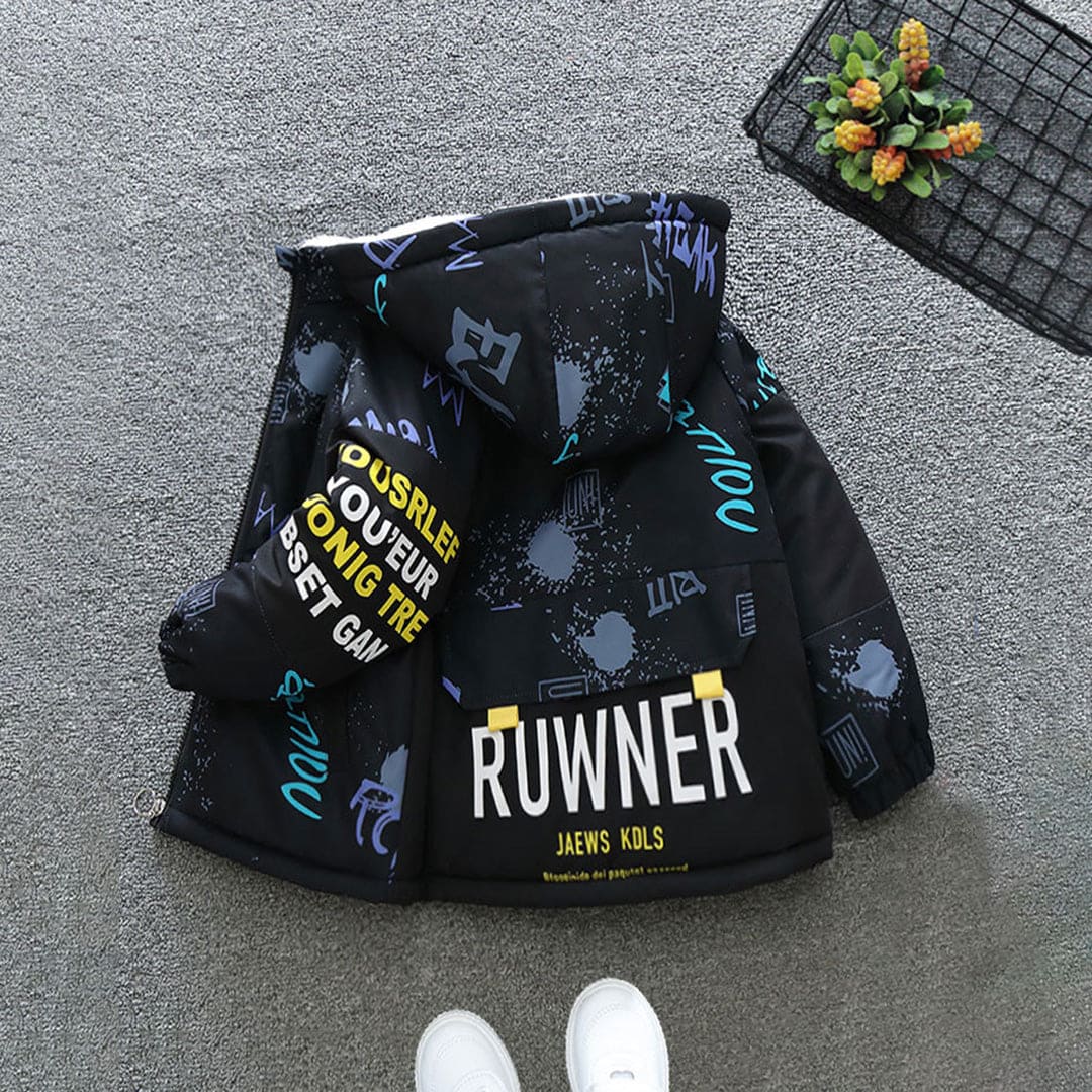Boys Black Printed Hooded Jacket With Fleece Lining Coats & Jackets   