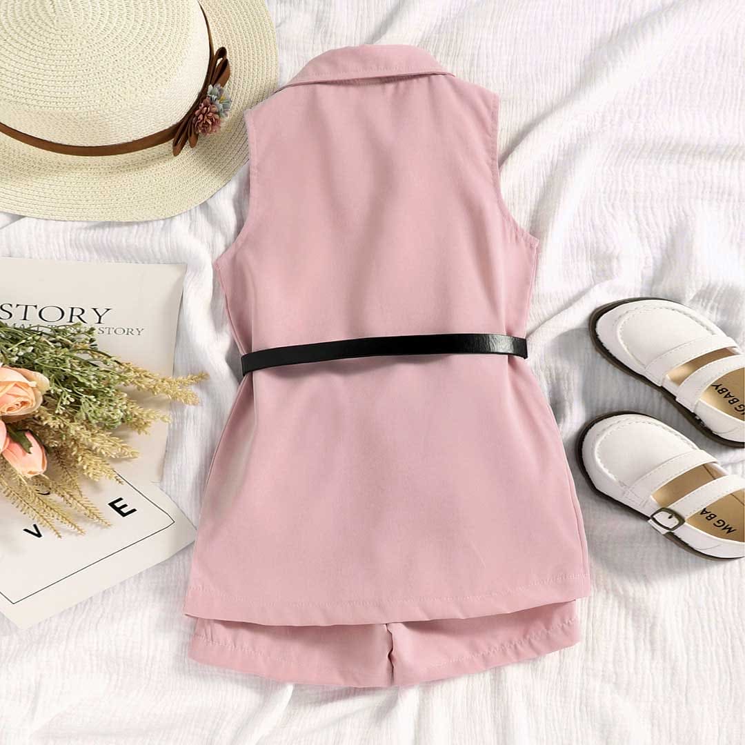 Girls Pink Sleeveless Jacket With T-Shirt & Shorts Set Sets   