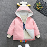 Girls Pink Cartoon Embroidered Fleece Lined Hooded Jacket
