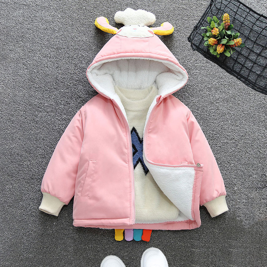 Girls Pink Cartoon Embroidered Fleece Lined Hooded Jacket Coats & Jackets Pink 1-2 Y 