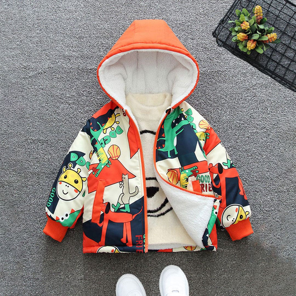 Girls Orange Animal Print Hooded Full Sleeves Fleece Line Jacket Coats & Jackets Orange 1-2 Y 