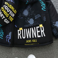 Boys Black Printed Hooded Jacket With Fleece Lining Coats & Jackets   