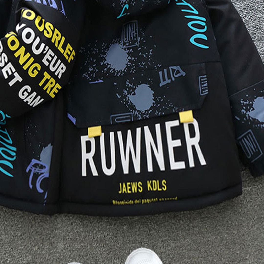 Boys Black Printed Hooded Jacket With Fleece Lining Coats & Jackets   
