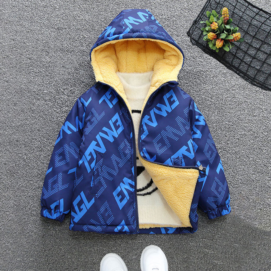 Boys Navy Blue All Over Print Hooded Fleece Lined Jacket Coats & Jackets Blue 1-2 Y 