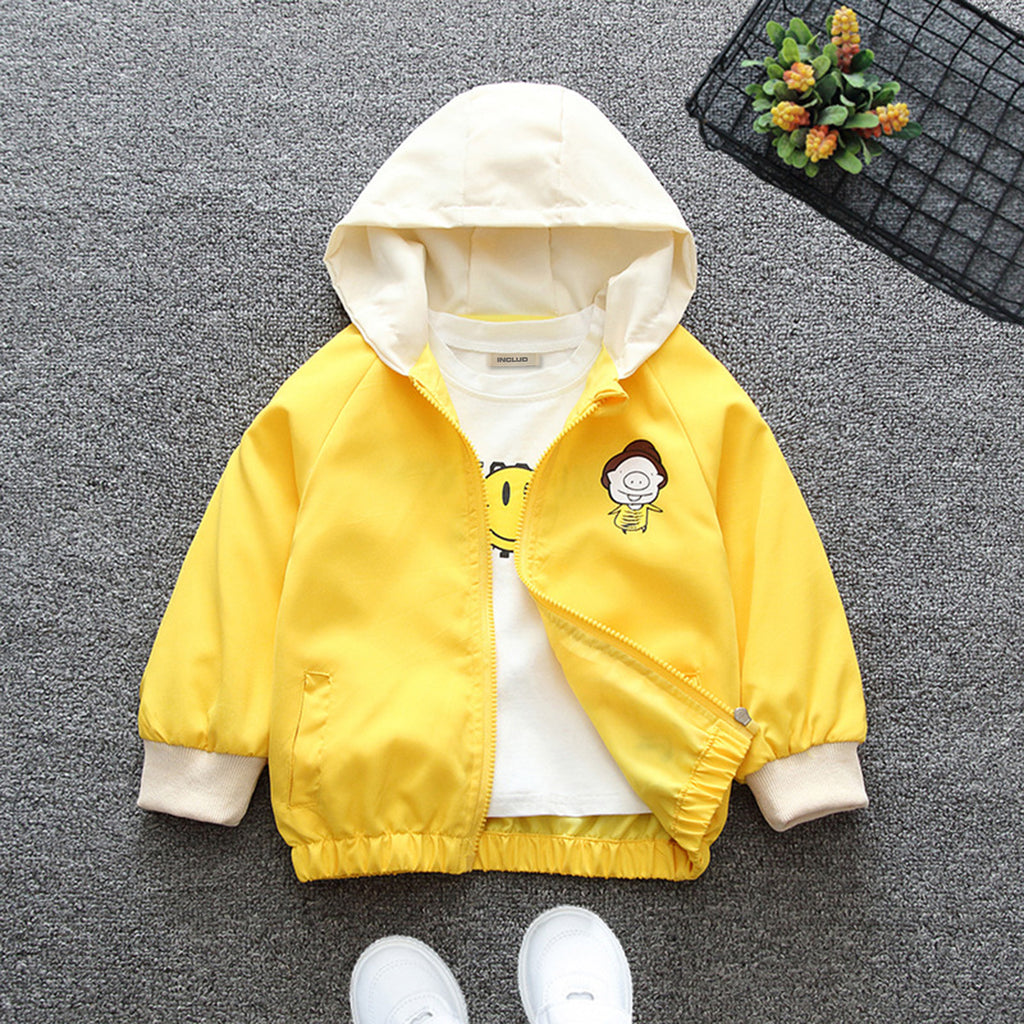 Girls Yellow Cute Cartoon Printed Front Open Hooded Jacket Coats & Jackets Yellow 1-2 Y 