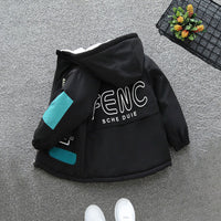 Boys Black Hooded Fleece Lined Jacket With Print Coats & Jackets   