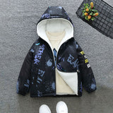 Boys Black Printed Hooded Jacket With Fleece Lining