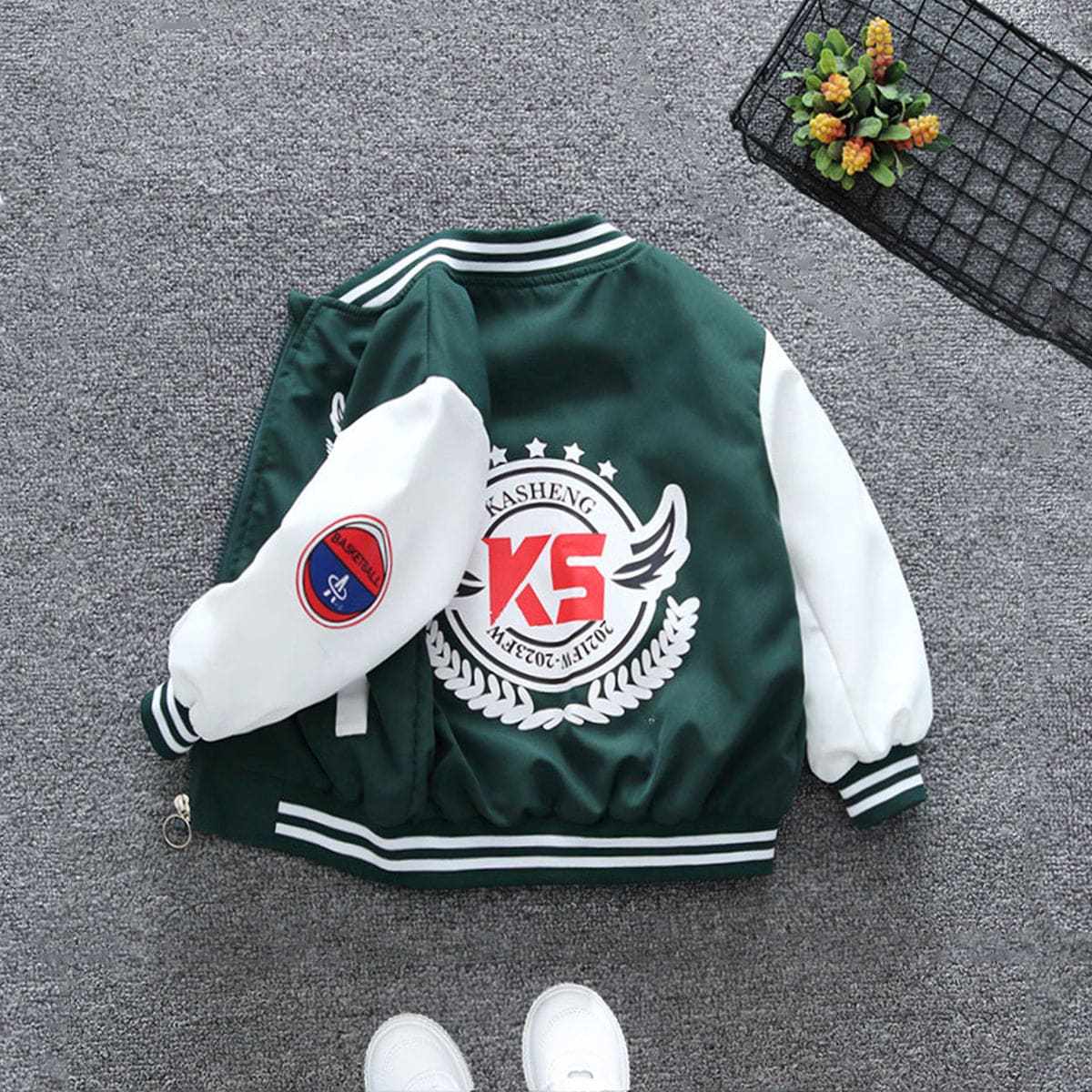 Boys Green Basketball Printed Front Open Trendy Sporty Jacket Coats & Jackets   