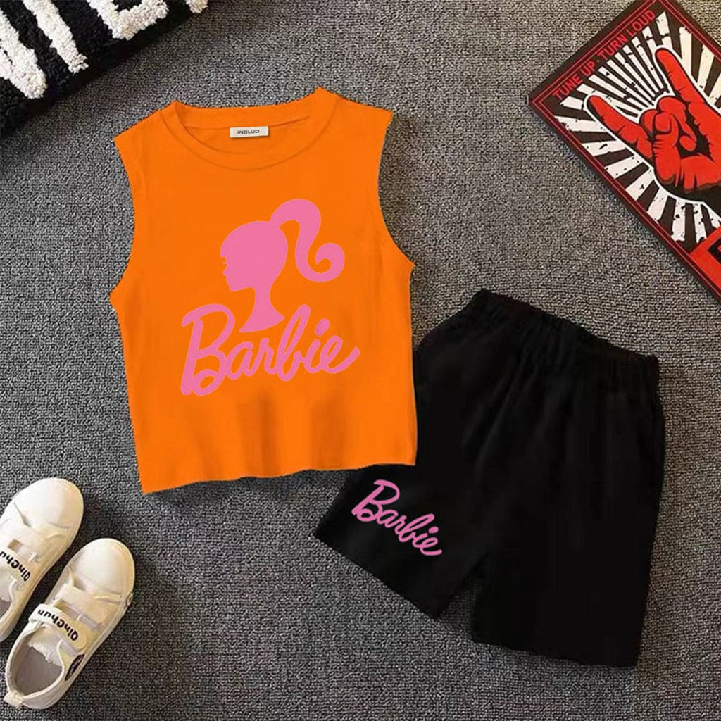 Girls Orange Barbie Printed Vest With Elasticated Shorts 2 pc. Sets   