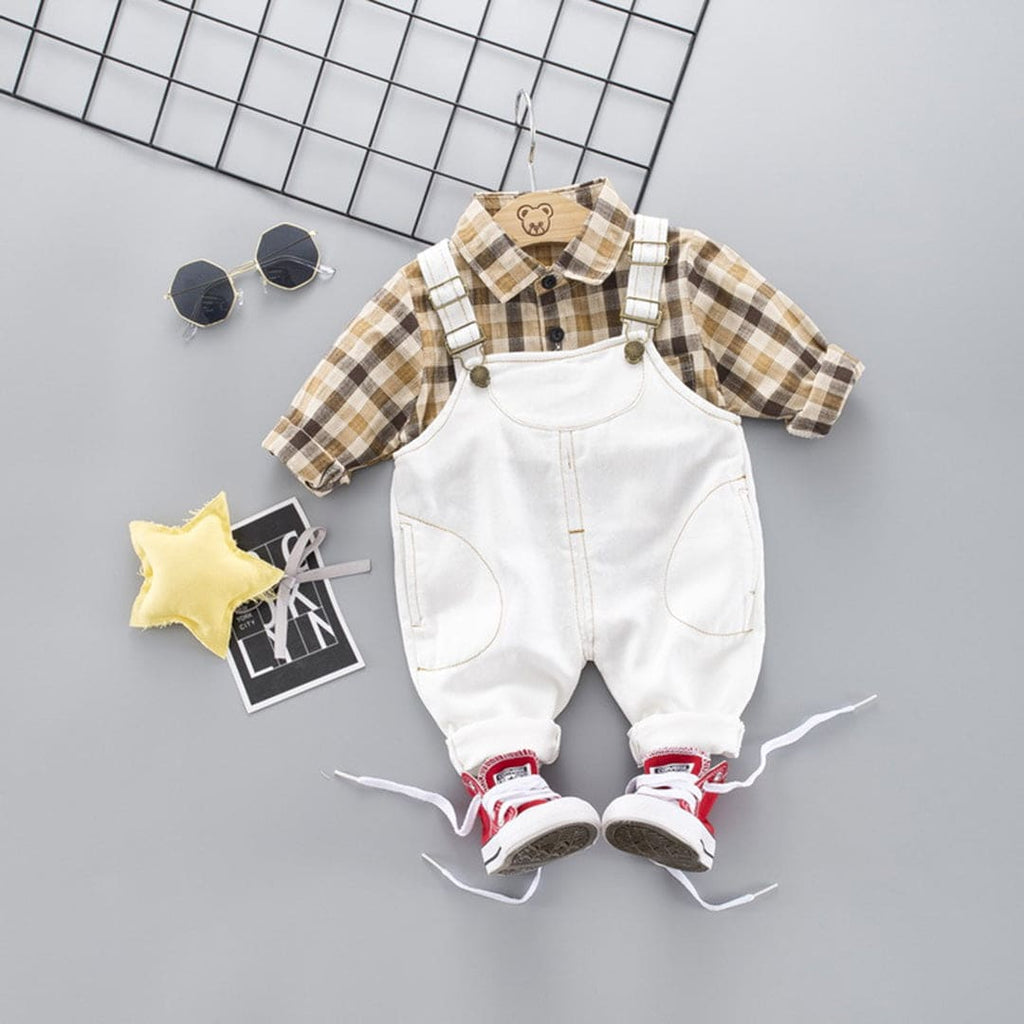 Boys White Checkered Long Sleeve Shirt With Denim Dungaree Set Sets White 1-2 Y 