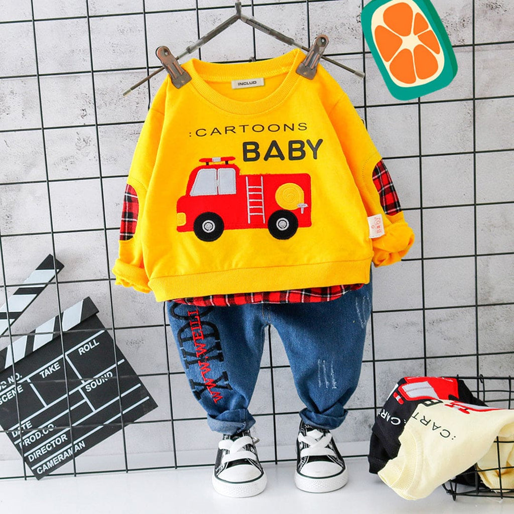 Boys Yellow Truck Graphic Long Sleeve Sweatshirt With Denim Pants Set Sets Yellow 1-2 Y 