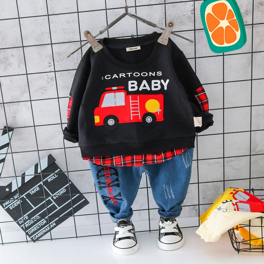 Boys Black Truck Graphic Long Sleeve Sweatshirt With Denim Pants Set Sets   