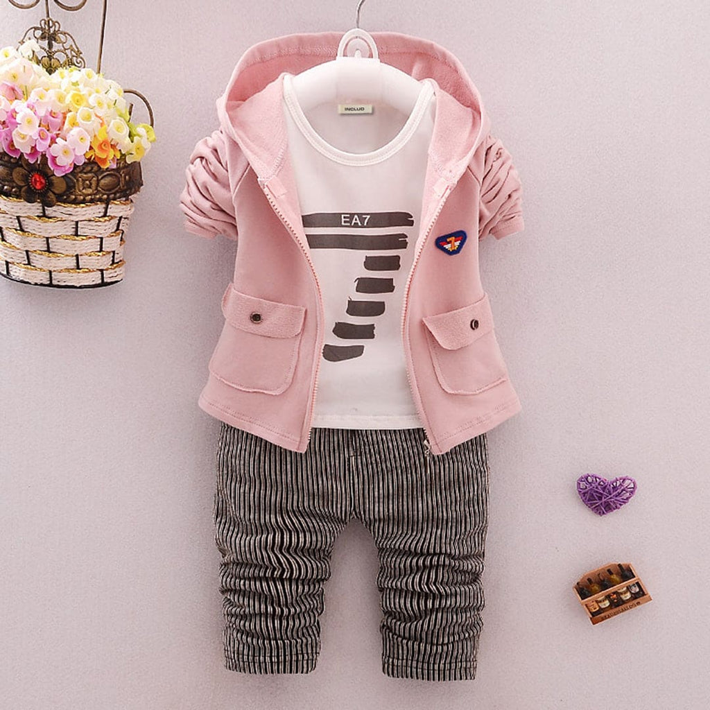 Boys Pink Hooded Sweatshirt With T-Shirt & Striped Pants Set Sets Pink 1-2 Y 