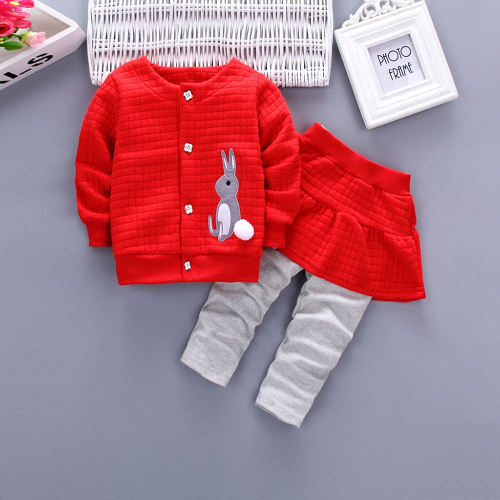 Girls Red Long Sleeve Sweatshirt With Rabbit Embroidery & Skirt Set Sets   