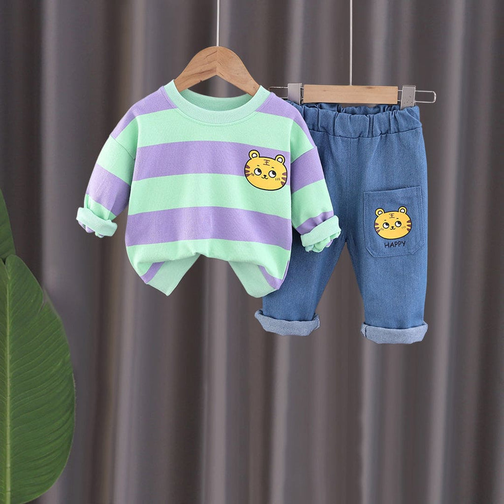 Boys Green Tiger Graphic Striped Sweatshirt With Denim Pants Set Sets Green 1-2 Y 