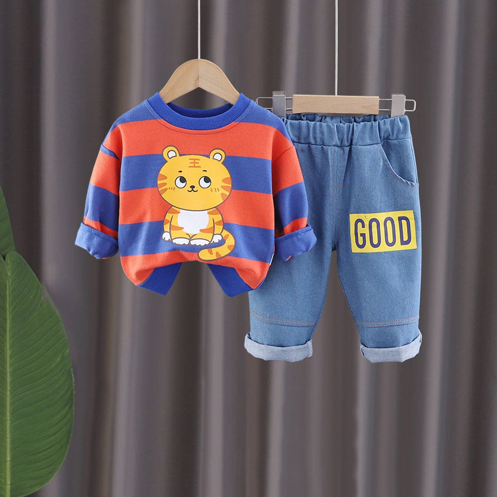 Boys Blue Striped Tiger Graphic Sweatshirt With Elasticated Jeans Set Sets Blue 1-2 Y 