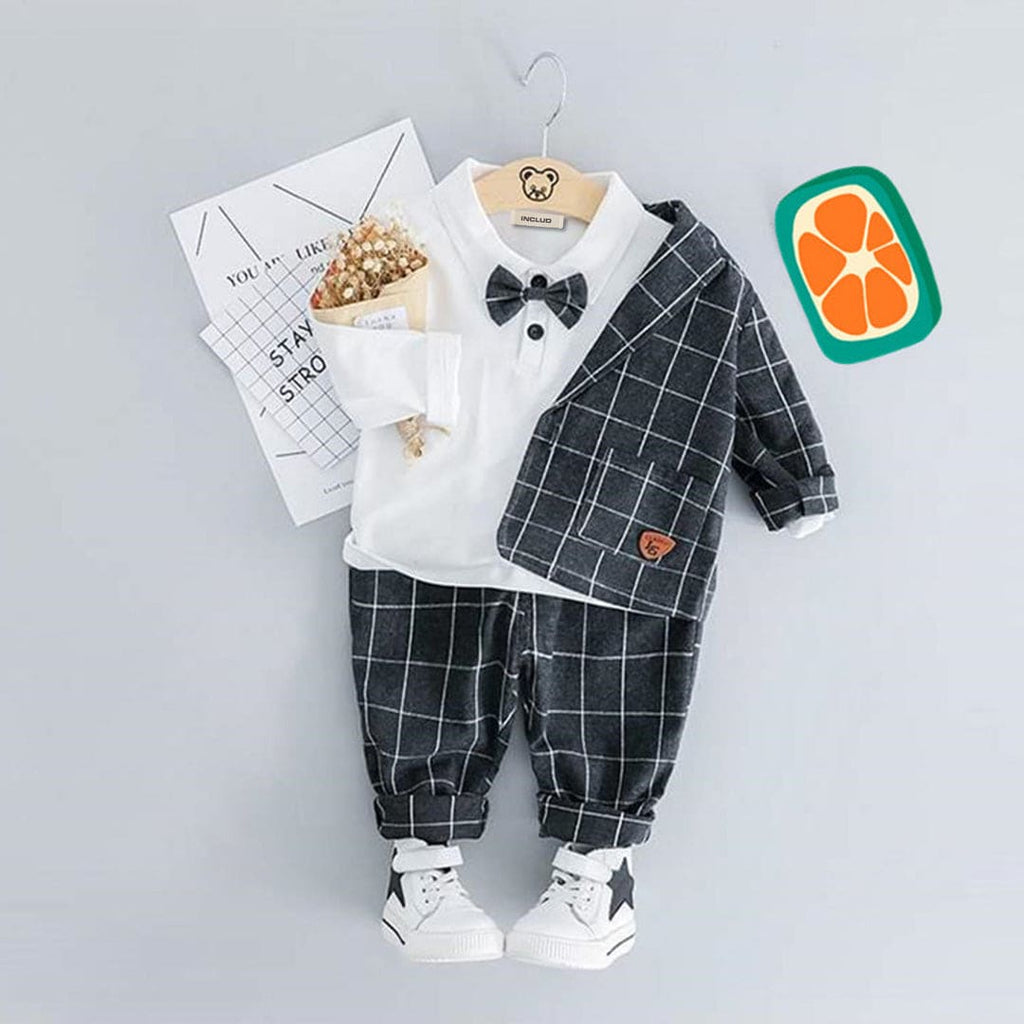 Boys Black Checkered Long Sleeves Coat With T-Shirt & Trouser Set Sets Black 1-2 Y 