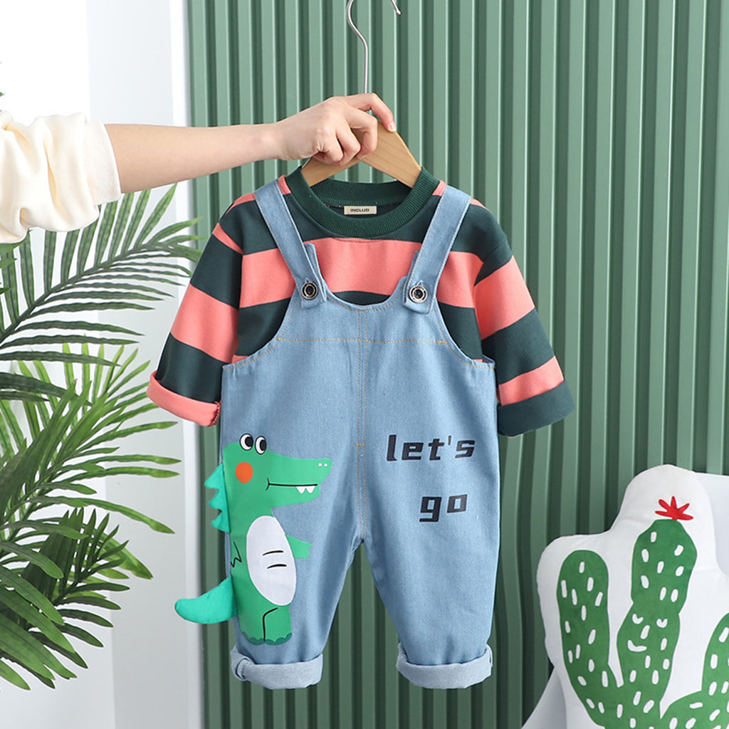 Boys Green Striped T-Shirt With Dinosaur Print Denim Dungaree Set Sets Green 1-2 Y 