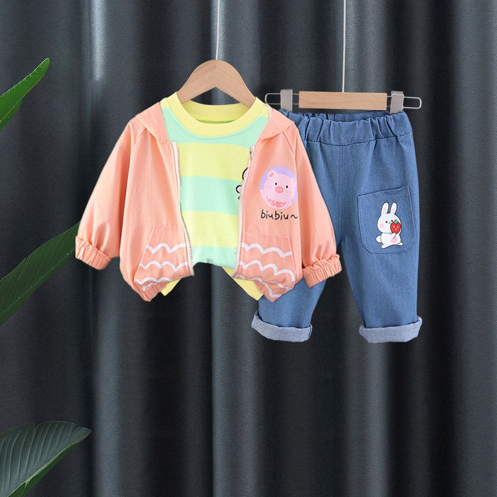 Girls Kangaroo Pocket Jacket With Yellow Striped T-Shirt & Jeans Set Sets Yellow 1-2 Y 