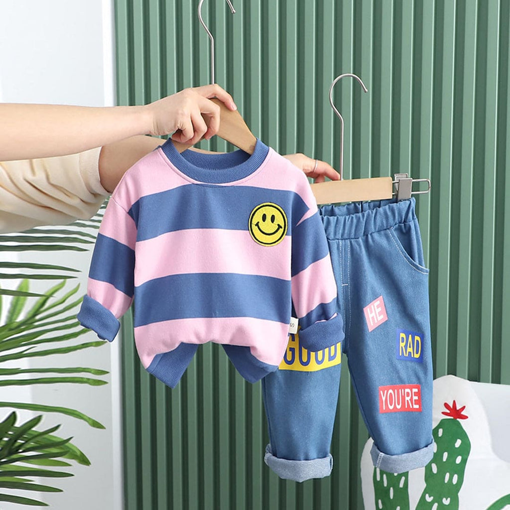 Boys Pink Long Sleeve Striped Sweatshirt With Denim Jeans Set Sets Pink 1-2 Y 