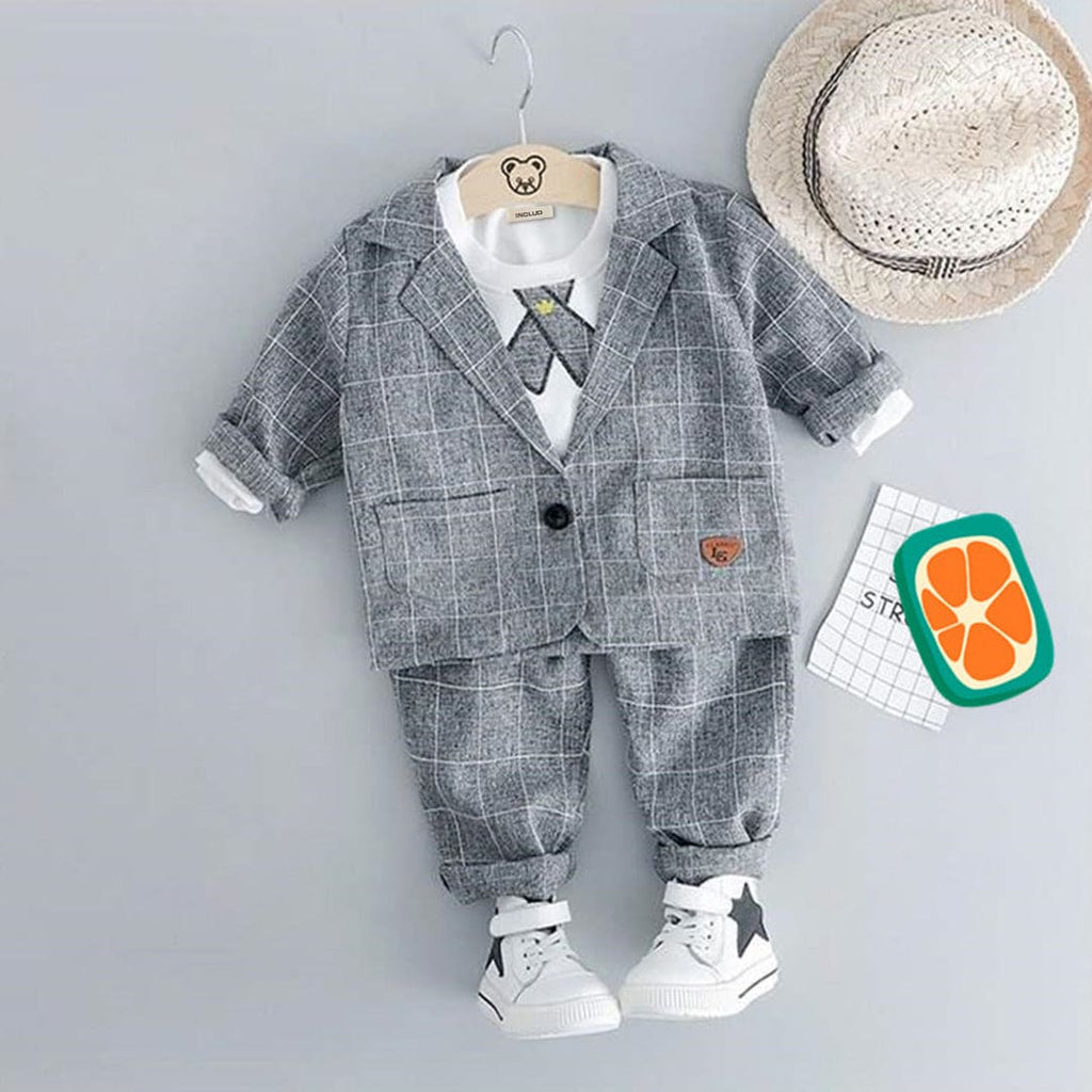 Boys Grey Checkered Long Sleeves Waistcoat With T-Shirt & Trouser Set Sets Gray 1-2 Y 