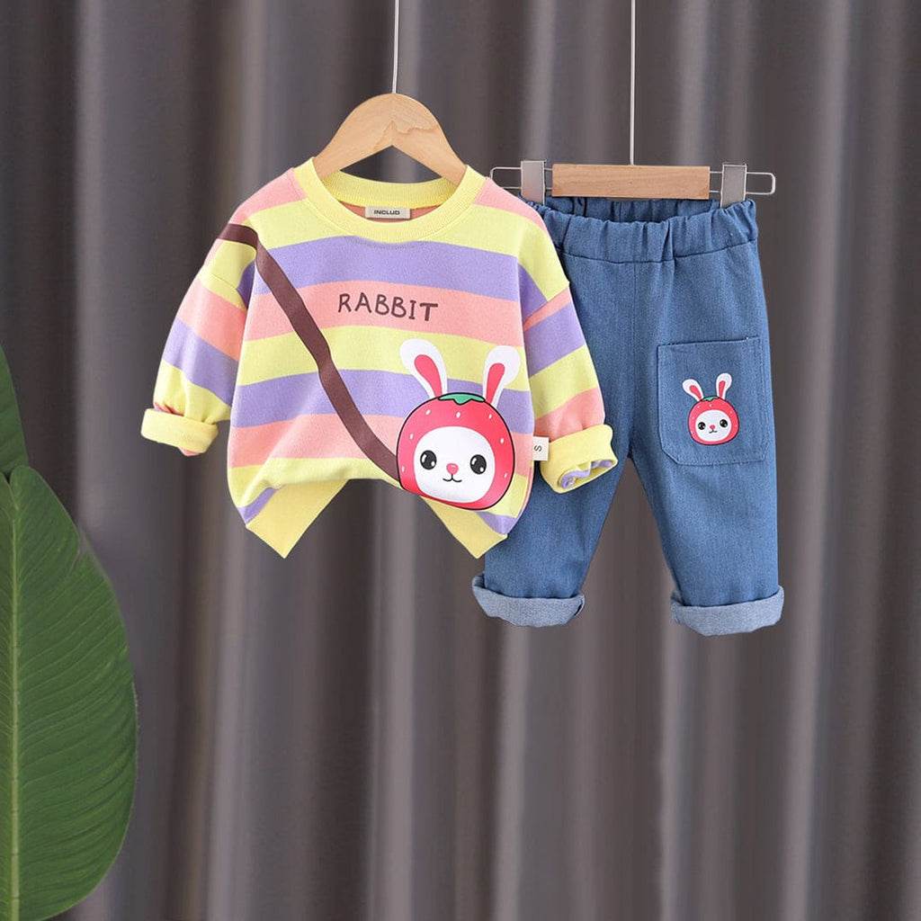 Boys Pink Graphic Print Striped Sweatshirt With Denim Jeans Set Sets Pink 1-2 Y 