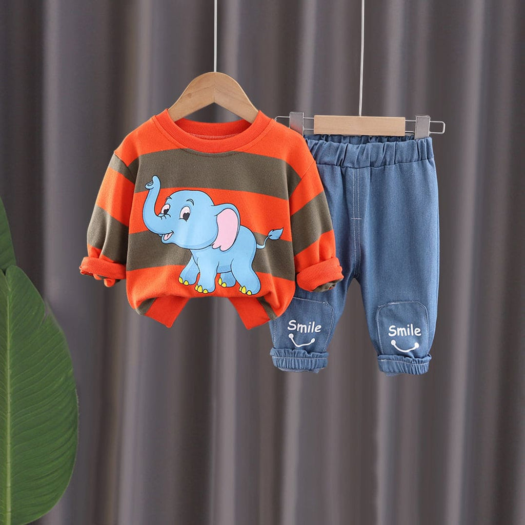 Boys Orange Elephant Graphic Sweatshirt With Denim Pants Set Sets Orange 1-2 Y 